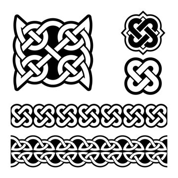Irish Celtic braids and knots vector pattern set, traditional design elements collection inspired by Celts art from Ireland
