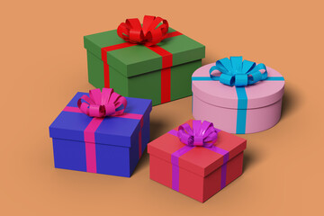Four colorful gift boxes isolated on a orange background. 3d illustration.