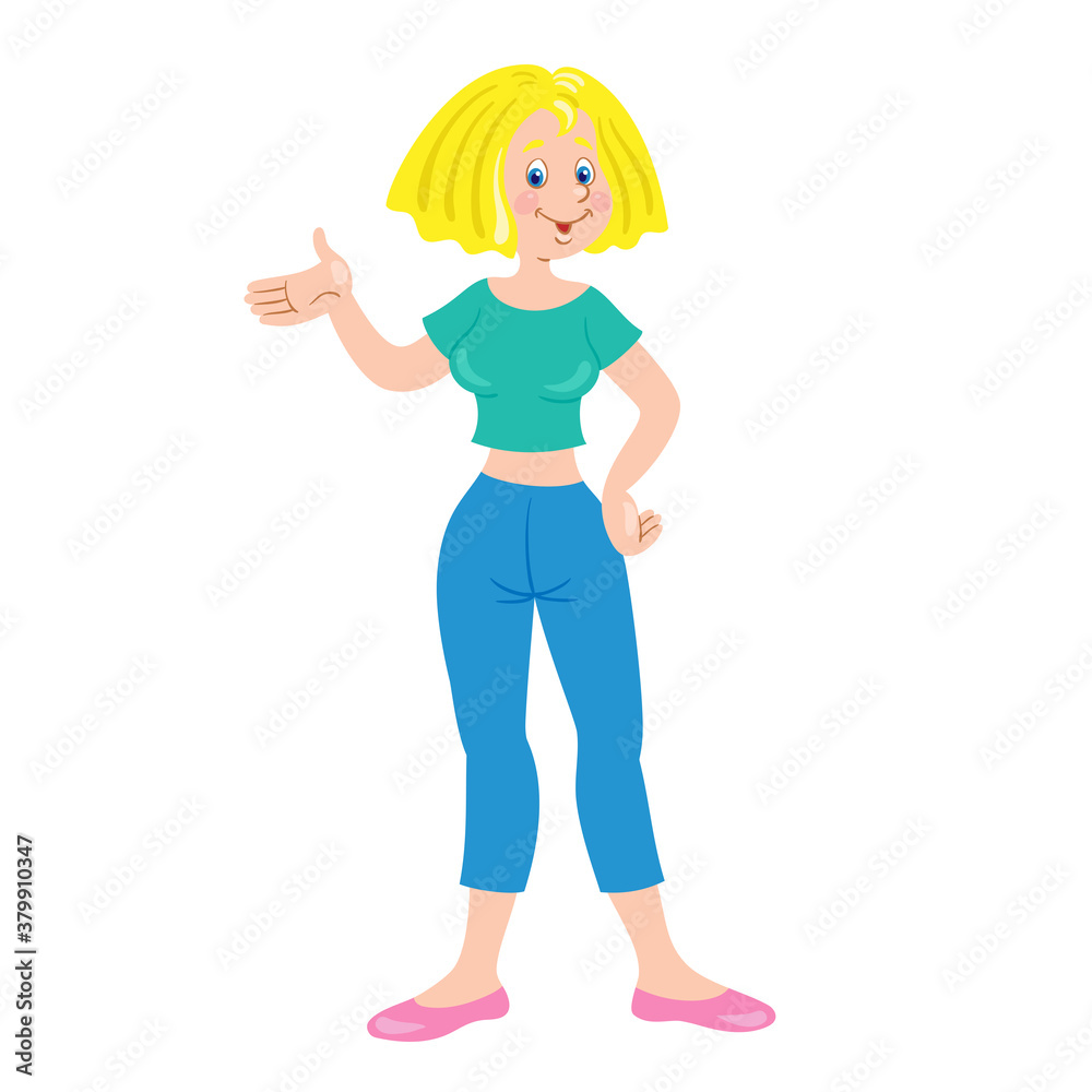 Poster Happy young woman with blond hair. In cartoon style. Isolated on white background. Vector flat illustration.