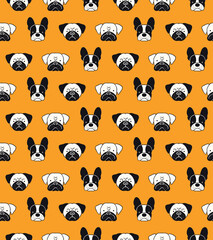 Cute dog faces doodles seamless pattern, bulldog, french, pug, black and white on orange. Hand drawn vector illustration. Line art. Design concept for trendy fashion print, wallpaper, wrapping paper.