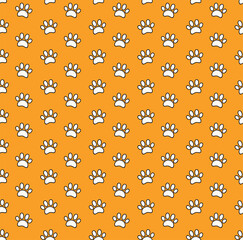 Simple dog paw print seamless pattern, puppy footprints, black and white on orange background. Hand drawn vector illustration. Line art. Design concept trendy fashion print, wallpaper, wrapping paper.