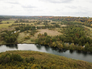 Fototapeta na wymiar Aerial view of river Snov in autumn near village of Sednev, Ukraine.