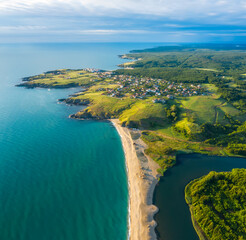 Aerial panoramic view of the picturesque southern Black Sea coast and the resort village of Sinemorets, Bulgaria