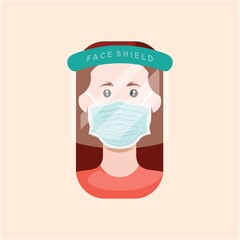 Face Woman With FACE MASK & FACE SHIELD. Illustration Facemask with girl face, Icon Vector FACE ASK 