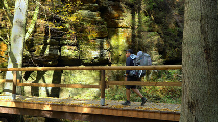 Hiker with son in touristic backpack walking over wooden bridge in a forest