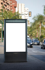 Mockup blank advertising signs and template or light posters with space to copy text or media message and content, blank shadow posters with screen on city wall background