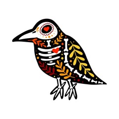 Vector colorful postcard. Dia de los Muertos, Day of the dead or Halloween concept. Raven skeleton, with floral design, isolated on white background