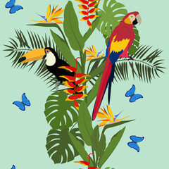 Seamless vector l illustration with tropical leaves, flowers, toucan and parrot birds, and butterflies.
