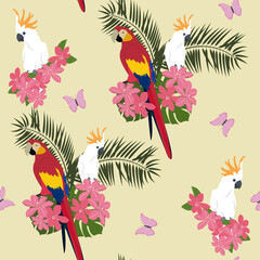 Fototapeta na wymiar Beautiful vector illustration with tropical plants, clematis flowers and parrots