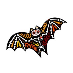 Vector colorful postcard. Dia de los Muertos, Day of the dead or Halloween concept. Flying bat skeleton, with floral design, isolated on white background