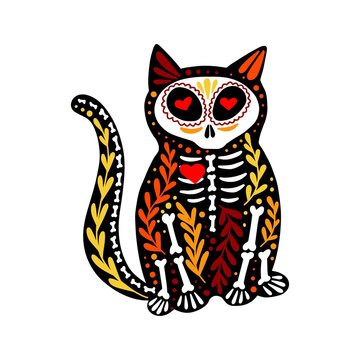 Vector colorful postcard. Dia de los Muertos, Day of the dead or Halloween concept. Cat skeleton, with floral design, isolated on white background
