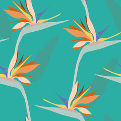 Fototapeta na wymiar Seamless beautiful pattern with tropical flower strelitzia.