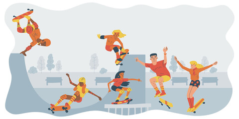 Teenagers skateboarding. Colorful illustration of diverse skaters in a skate park with ramp. Landscape layout.