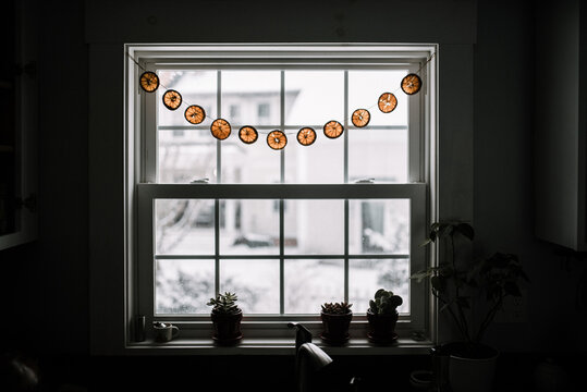 orange garland in kitchen window