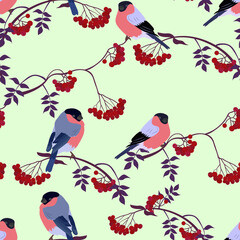 Seamless vector illustration, bullfinches and ashberry.