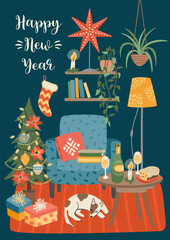 Christmas and Happy New Year illustration of sweet home. Vector design template.