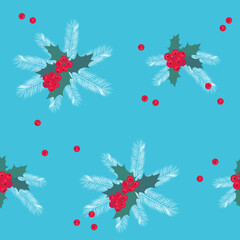 Seamless Christmas vector illustration with fir branches and holly berries