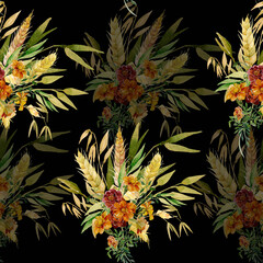 Naklejka na ściany i meble Watercolor wheat ears seamless pattern.Saffron flowers added to the bouquet.Image of ears of wheat on a white and colored background.