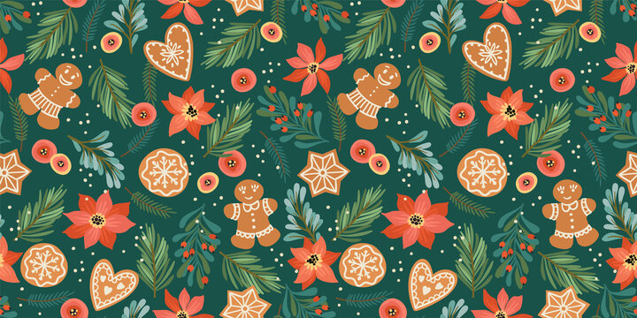 Christmas and Happy New Year seamless pattern with gingerbread. Vector design template.