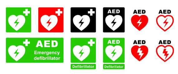 Emergency defibrillator AED AID CPR location signs Stop safety first life icons Vector staff medical logo symbol Automated externalicon label icon Medic bag kit station inside for resuscitation doctor