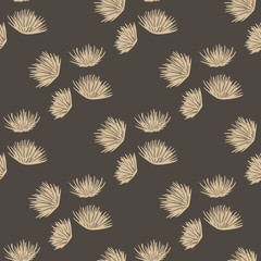 Autumn seamless doodle pattern with beige flower buds. Thorn botanic shapes on brown background.