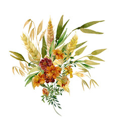 Watercolor wheat ears  pattern. Saffron flowers added to the bouquet. Image of ears of wheat on a white and colored background.