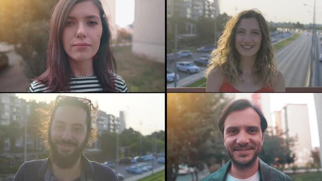 Collage of happy, smiling friends. Multi screen, split screen shot of cheerful young group.
