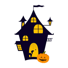 Halloween holiday concept in flat style. Cute cartoon illustration of castle with black cat, spiderweb and pumpkin