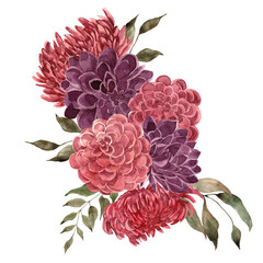 Watercolor fall bouquet with flowers, leaves, isolated on white background