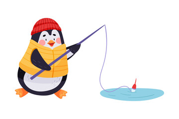 Adorable Penguin with Red Cheeks Fishing in Water Hole Vector Illustration