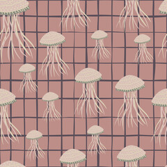 Random seamless marine patten with jellyfish silhouettes. Pale wild animals ornament on dark pink chequered background.