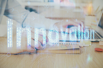 A man working on computer with technology theme drawing. Concept of big data. Multi exposure.