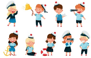 Little Children in Mariner Costume and Forage Cap or Peakless Hat Playing Sailor Vector Illustration Set