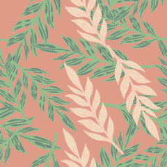 Seamless random pattern with pink and green colored leaves branches. Dark pink background. Nature print.