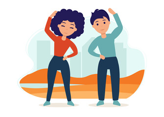Young couple goes in for sports on the street. Yoga practice. Vector illustration in flat style. Man and woman are active outdoor