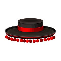 Spanish National Hat with Red Ribbon and Ball Fringe Vector Illustration