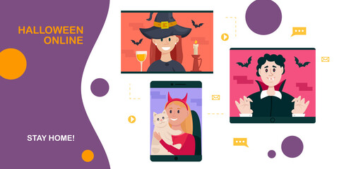 Halloween online party. People using video conference service for collective holiday virtual celebration, party online with friends from home. New normal Halloween celebrate. Vector illustration.