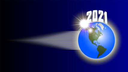 Abstract space poster. Planet earth with a rising sun, 3d date 2021 and rays on a dark blue background. EPS10