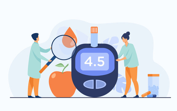 Doctors Testing Blood For Sugar And Glucose, Using Magnifying Glass And Glucometer For Hypoglycemia Or Diabetes Diagnosis. Vector Illustration For Awareness Day, Medicine, Health Care Concept