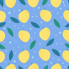 Seamless lemon and leaves pattern on blue background. Simple vector background. Colorful print for wallpaper, textile.
