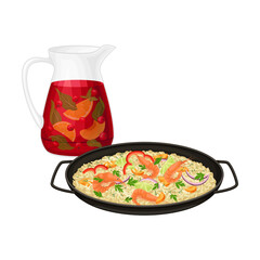 Rice with Shrimps and Herbs and Sangria Drink from Red Wine with Fruit and Spiceas as Spanish Vector Illustration