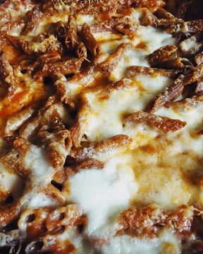 Extreme close up of homemade ""pasta pizza""