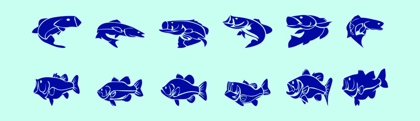 set of bass fish cartoon icon design template with various models. vector illustration isolated on blue background