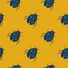 Seamless contrast pattern with navy blue bugs elements. Yellow background. Exotic insects ornament.