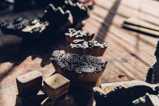 Indian wood carving printing block stamp for textile design