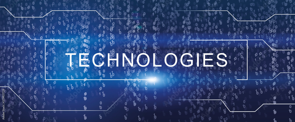 Aufkleber Futuristic Techno Banner With Technologies Lettering Over Falling Binary Code Digits Background