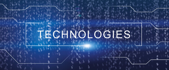 Futuristic Techno Banner With Technologies Lettering Over Falling Binary Code Digits Background