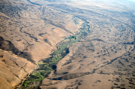 Aerial view to desert and river streambed full of greenery