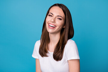Fototapeta premium Portrait of attractive candid energetic girl enjoy her friend joke laughing wear good look clothes isolated over blue color background