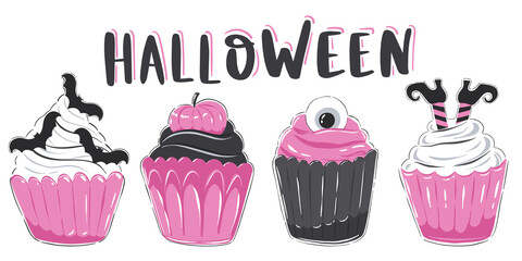 Set of Halloween cupcakes. Collection of clipart. Cute and funny dessert for Halloween. Isolated on white background